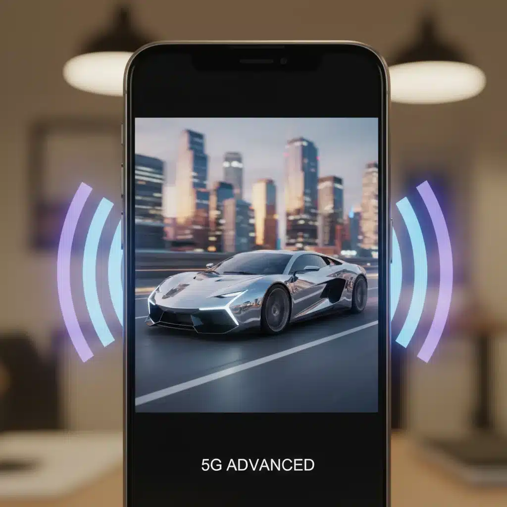 Smartphone displaying buffer-free UHD video, illustrating 5G Advanced speed and reliability.