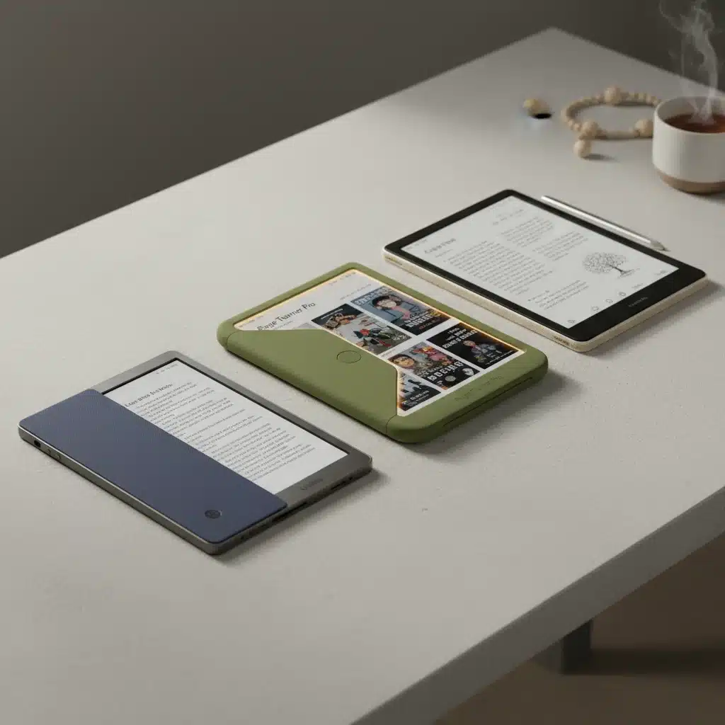 Three advanced e-readers displayed side-by-side on a table, showcasing their distinct designs.