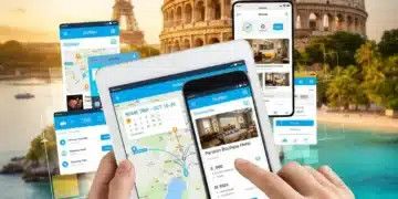 Smartphone and tablet displaying travel planning apps with global landmarks in the background.
