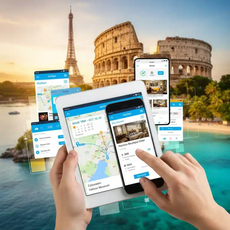 Smartphone and tablet displaying travel planning apps with global landmarks in the background.