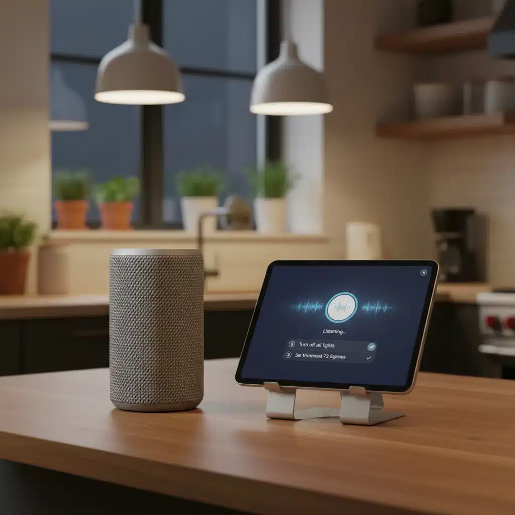Voice assistant controlling smart home devices via smart speaker and tablet