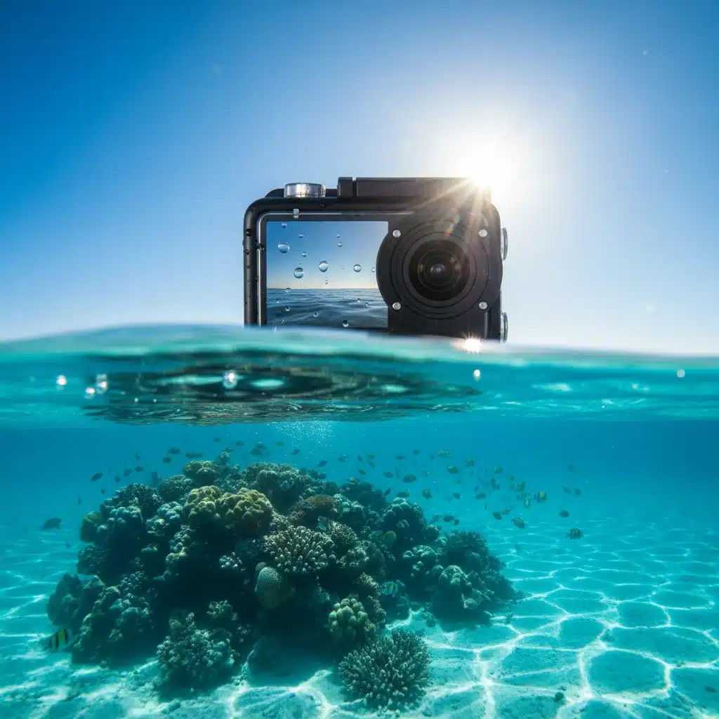 Action camera half submerged in clear blue water