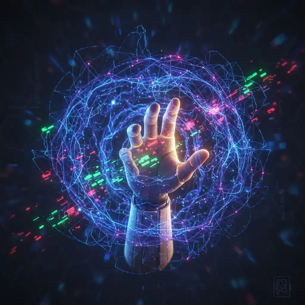Human hand interacting with glowing neural networks, symbolizing AI cybersecurity.