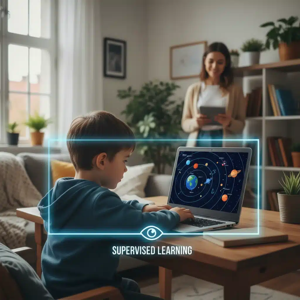 Child using a laptop for educational purposes with parental supervision in a home setting.