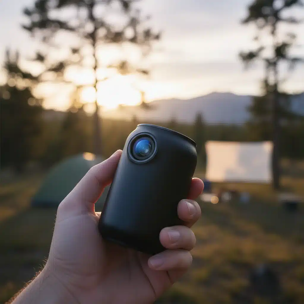 Person holding a compact portable projector outdoors