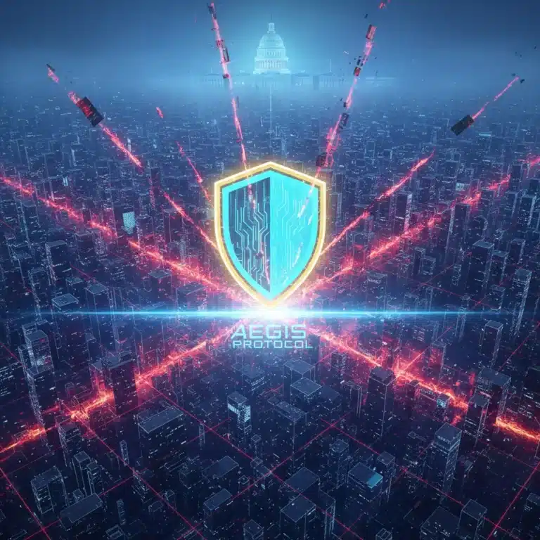 Digital shield protecting US Capitol amidst glowing data streams, symbolizing cybersecurity defense.
