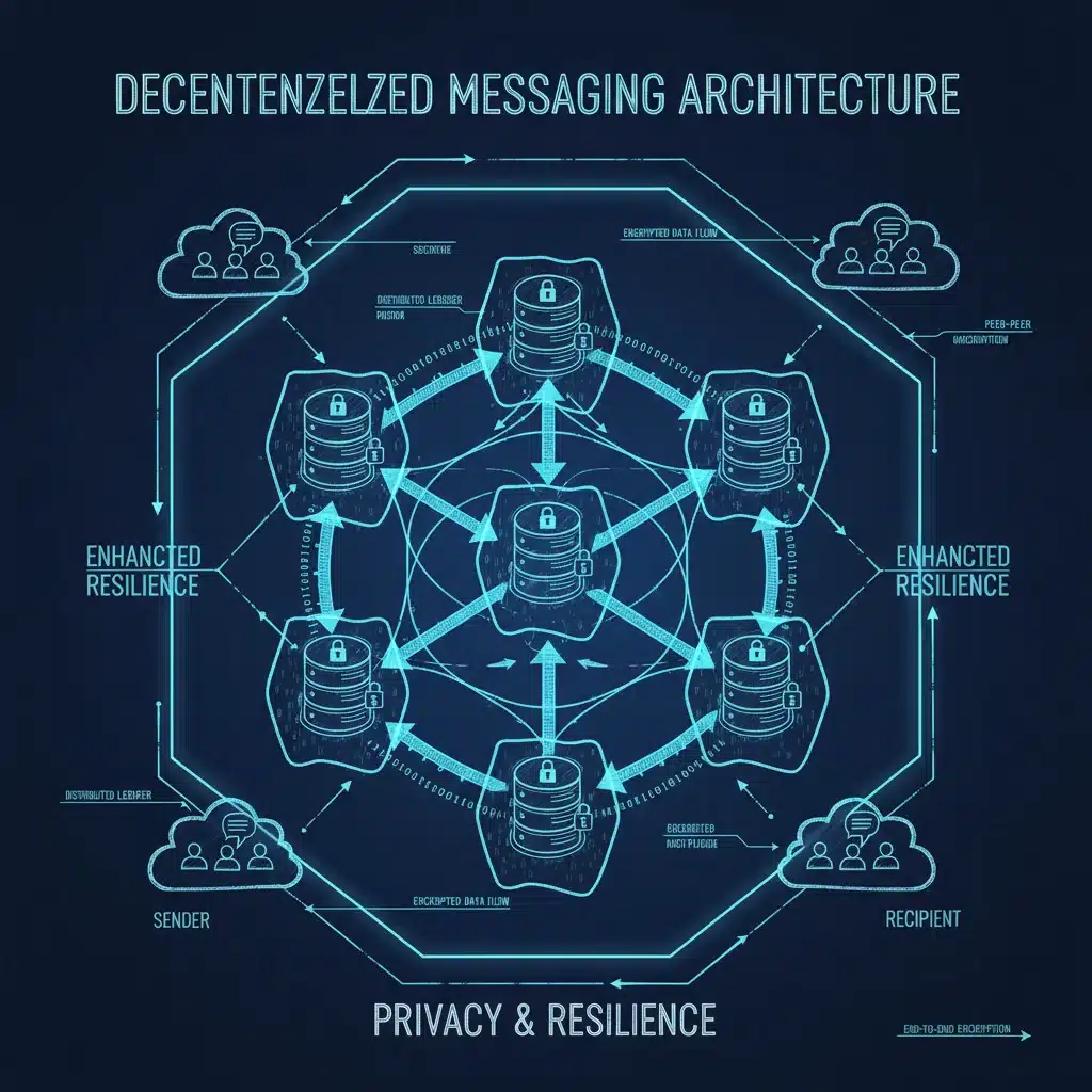 Decentralized messaging architecture diagram with encrypted data flow