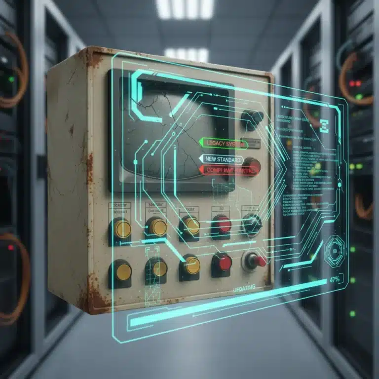 Futuristic interface over legacy device symbolizing 2026 software update