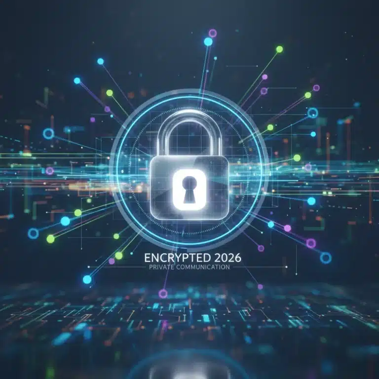 Futuristic digital network with secure messaging padlock icon