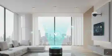 Futuristic smart home living room with a central smart home hub controlling integrated devices.