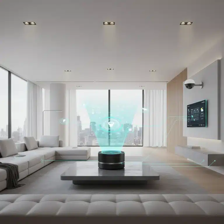 Futuristic smart home living room with a central smart home hub controlling integrated devices.