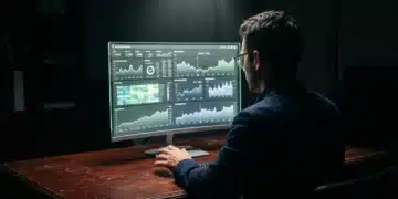 A person focused on data visualizations on a transparent monitor, illuminated by a single light source, symbolizing the deep analysis of digital trends.