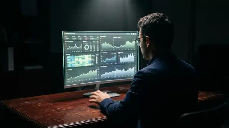 A person focused on data visualizations on a transparent monitor, illuminated by a single light source, symbolizing the deep analysis of digital trends.