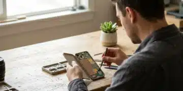 A person disassembling a modular smartphone made of bio-plastic on a wooden workbench, illustrating sustainable gadget design.