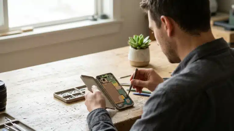 A person disassembling a modular smartphone made of bio-plastic on a wooden workbench, illustrating sustainable gadget design.