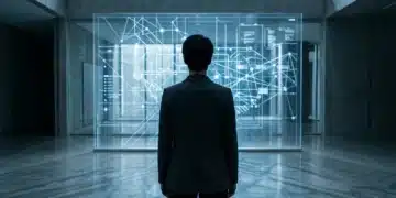 A person standing before a semi-transparent digital display showing a complex interconnected digital ecosystem, highlighting the hidden layers of gadget impacts and digital trends.