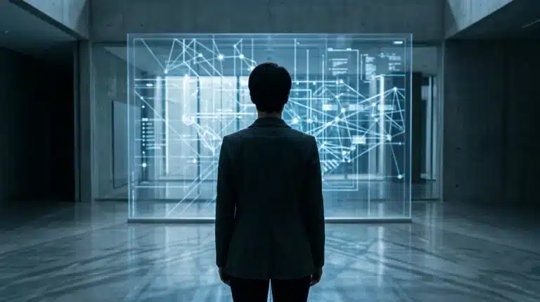 A person standing before a semi-transparent digital display showing a complex interconnected digital ecosystem, highlighting the hidden layers of gadget impacts and digital trends.