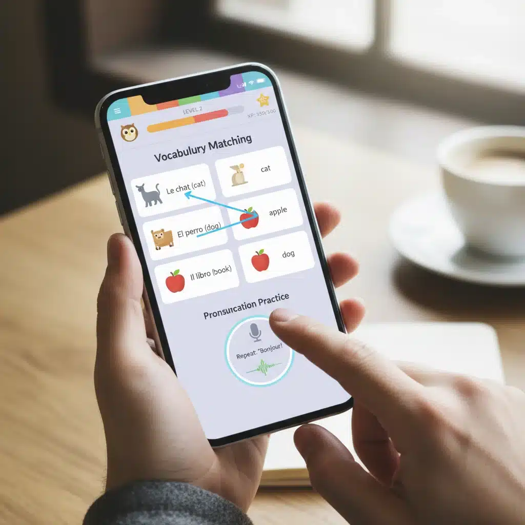 Interactive language app gamified lesson on smartphone