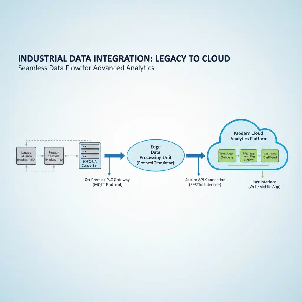 Network diagram showing integration of legacy industrial sensors with cloud platform