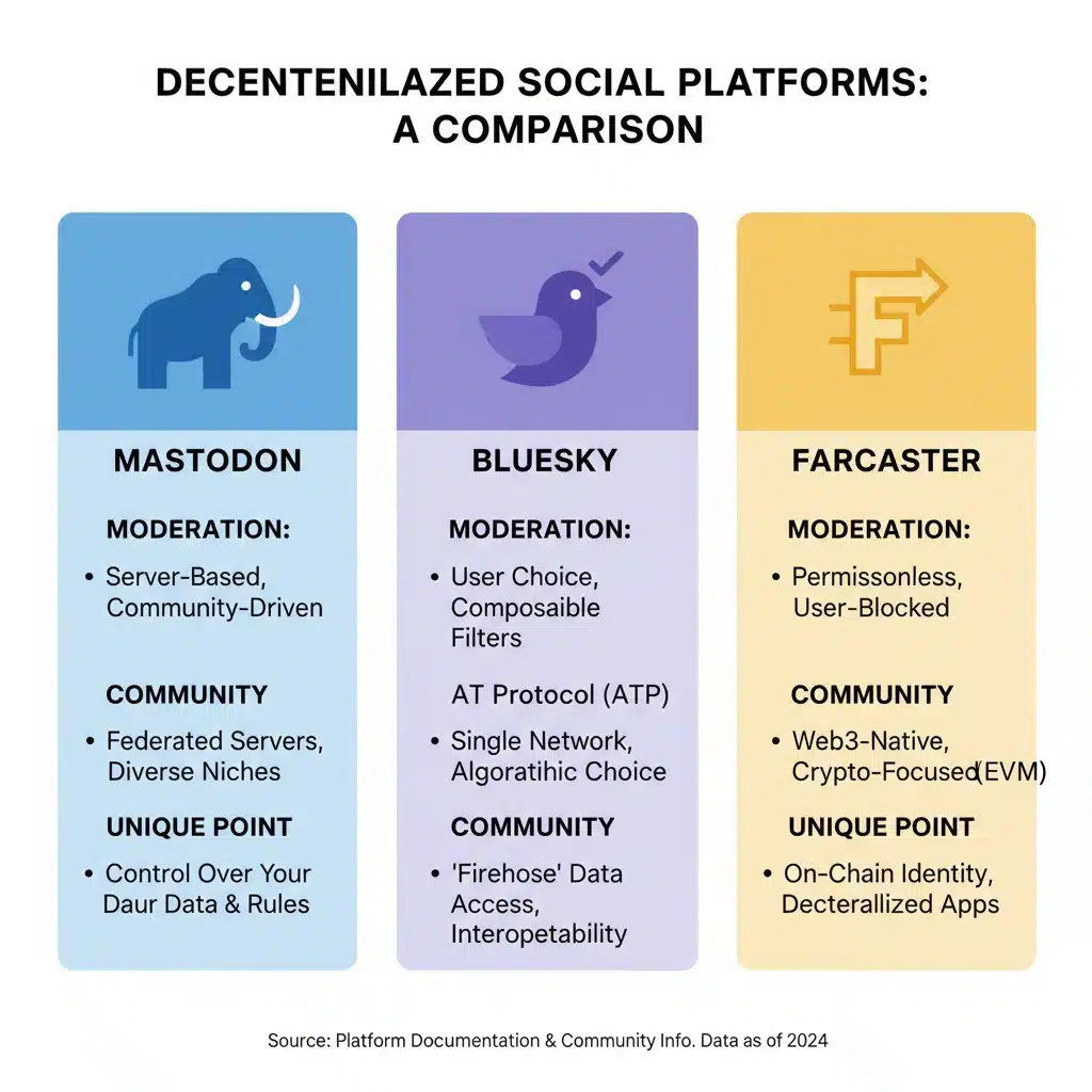 Infographic comparing features of Mastodon, Bluesky, and Farcaster