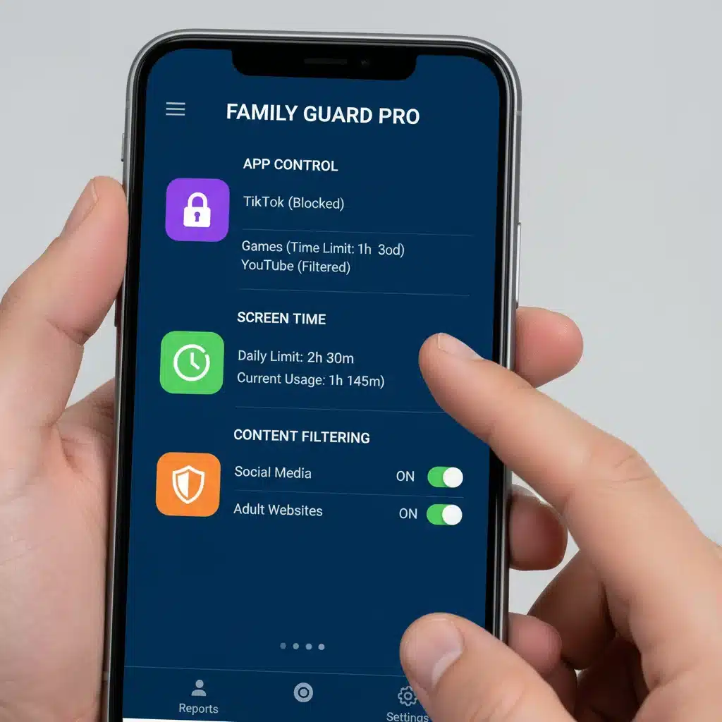 Smartphone screen showing a parental control dashboard with app blocking and time limits.