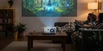 Modern portable projector displaying a movie in a living room