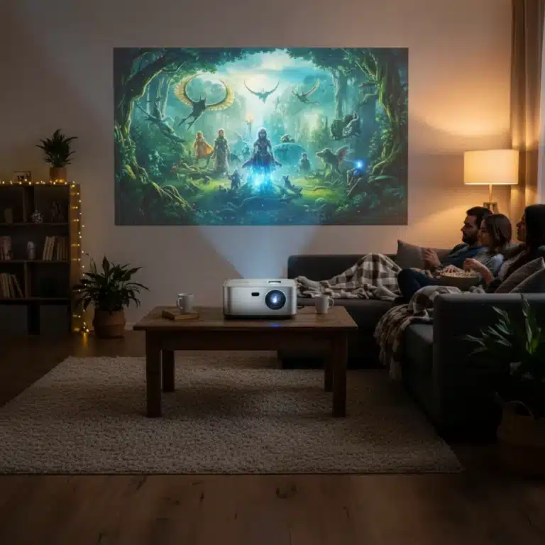 Modern portable projector displaying a movie in a living room