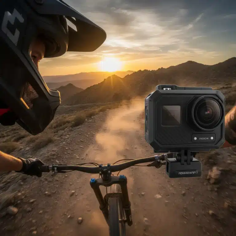 Rugged action camera on mountain biker's helmet with sunset
