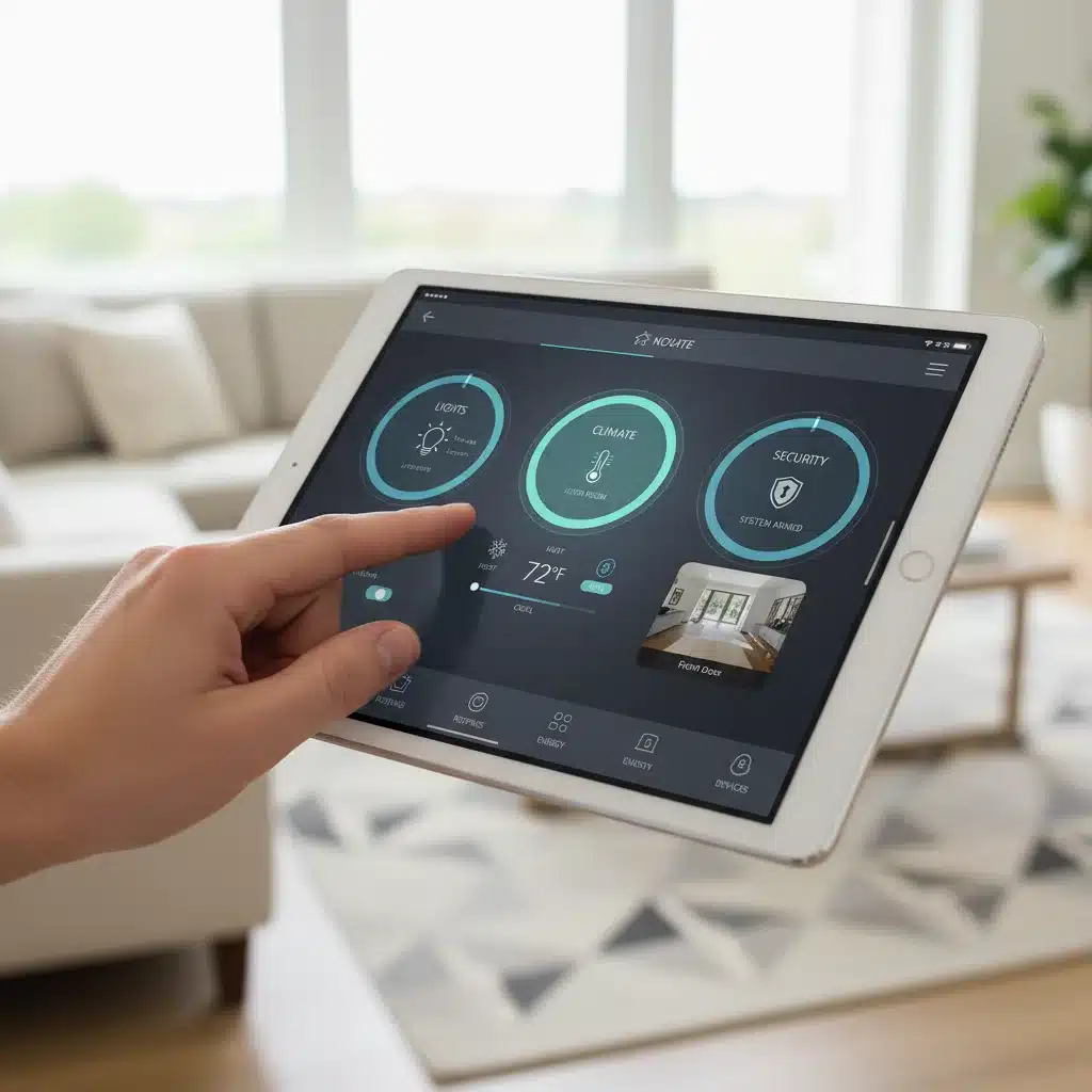 User's hand operating a smart home app on a tablet, demonstrating intuitive control.