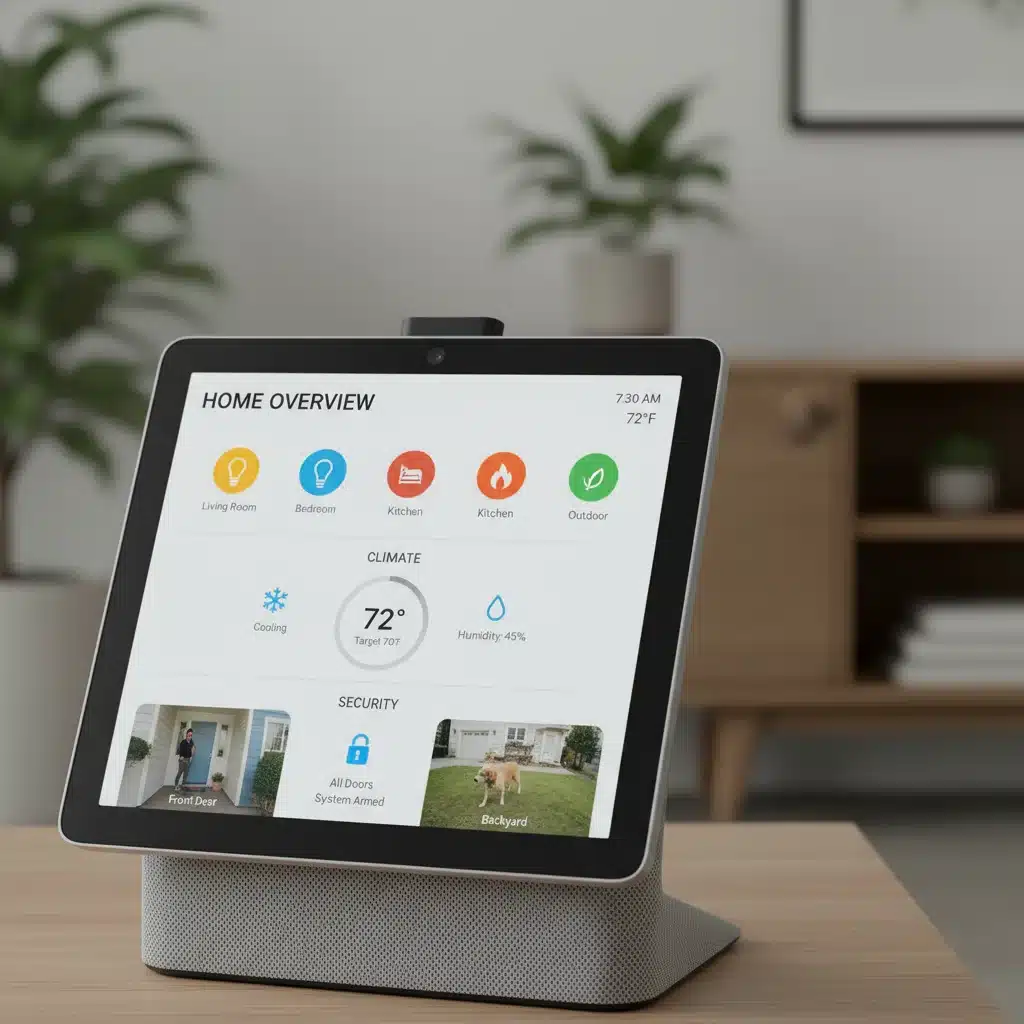 Smart home hub displaying connected IoT devices and control interface
