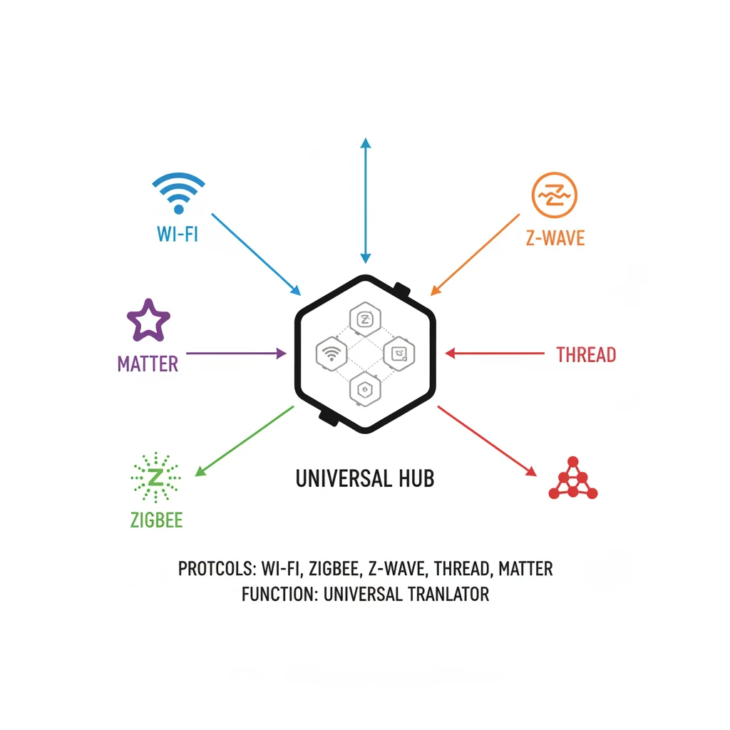 Diagram showing various smart home protocols connecting to a central hub for universal compatibility.
