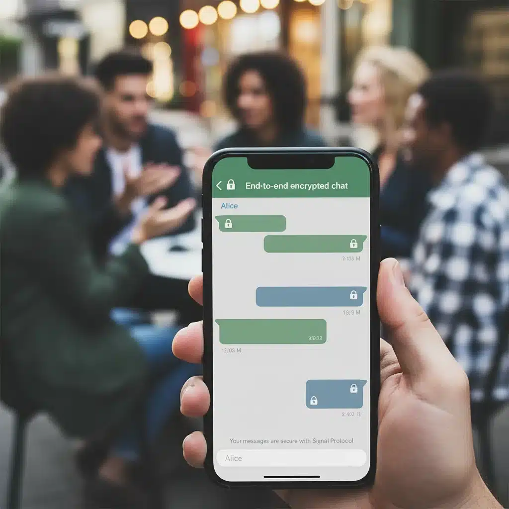 Smartphone showing secure messaging app with encryption indicators