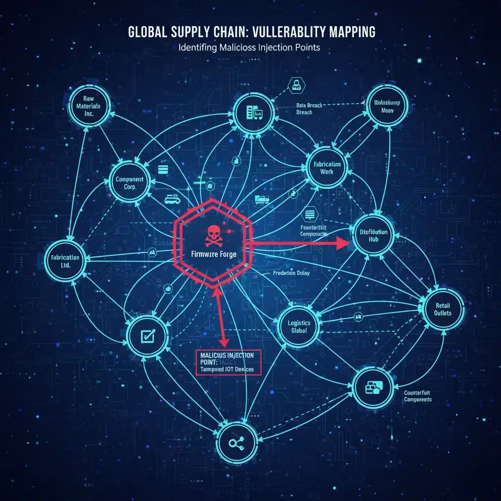 Complex digital supply chain network showing a vulnerable link.