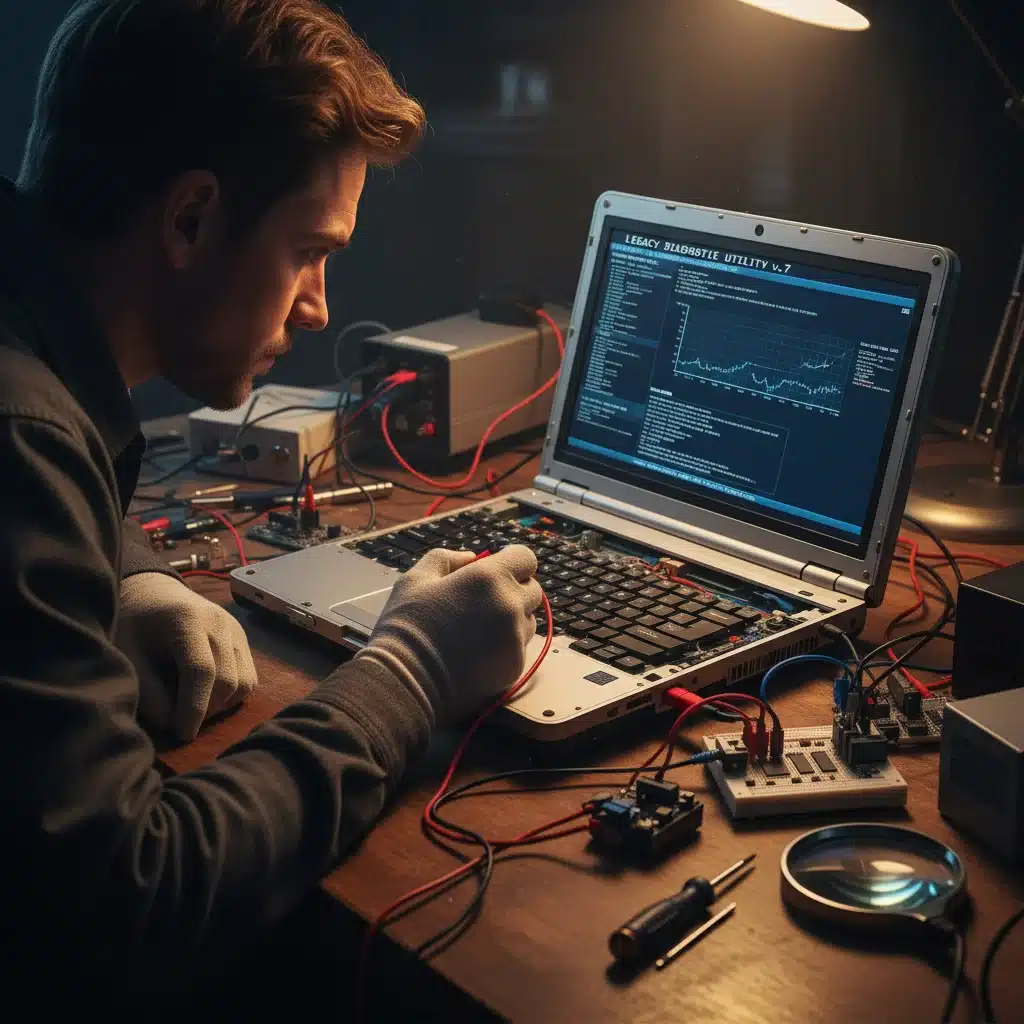 Person troubleshooting legacy laptop with diagnostic tools